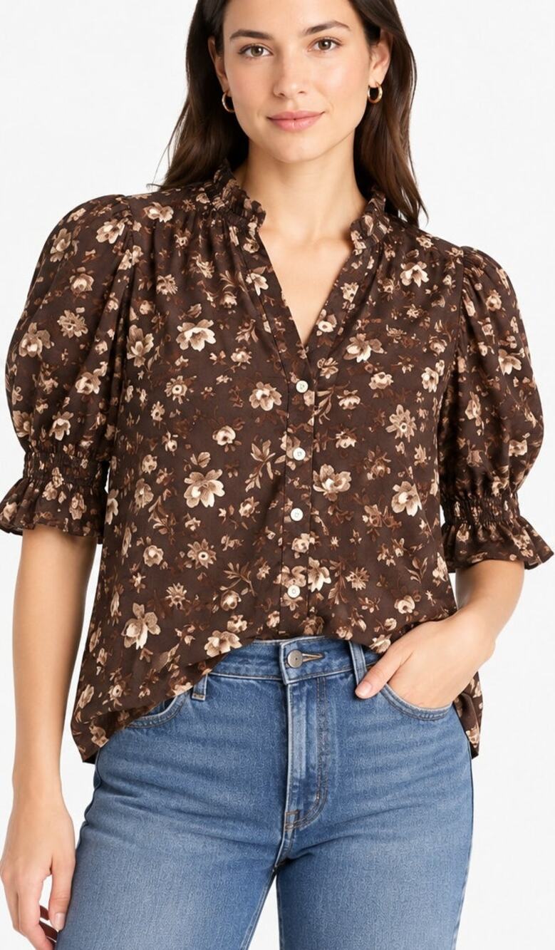 Gap Brown Floral Ruffle Neck Puff 1/4 Sleeve Button Blouse 100% Cotton Med NWOT